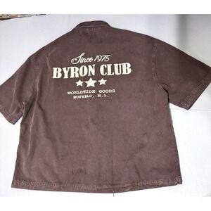 ZARA Man Shirt L Short Sleeve Boxy Crop Workwear Byron Club Brown Garment Dye
